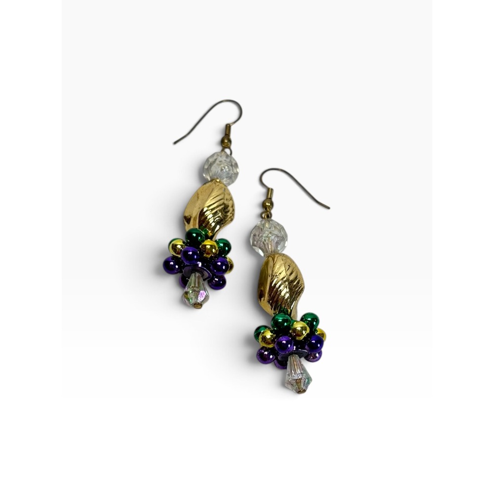 Mardi Gras Beaded Drop Earrings Purple Green Gold Tone Festive